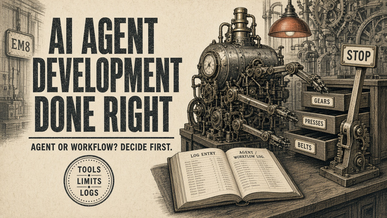 Vintage cream-and-ink engraving of an AI agent development workshop with a mechanical brain cabinet, a document conveyor, and an EM8 lamp