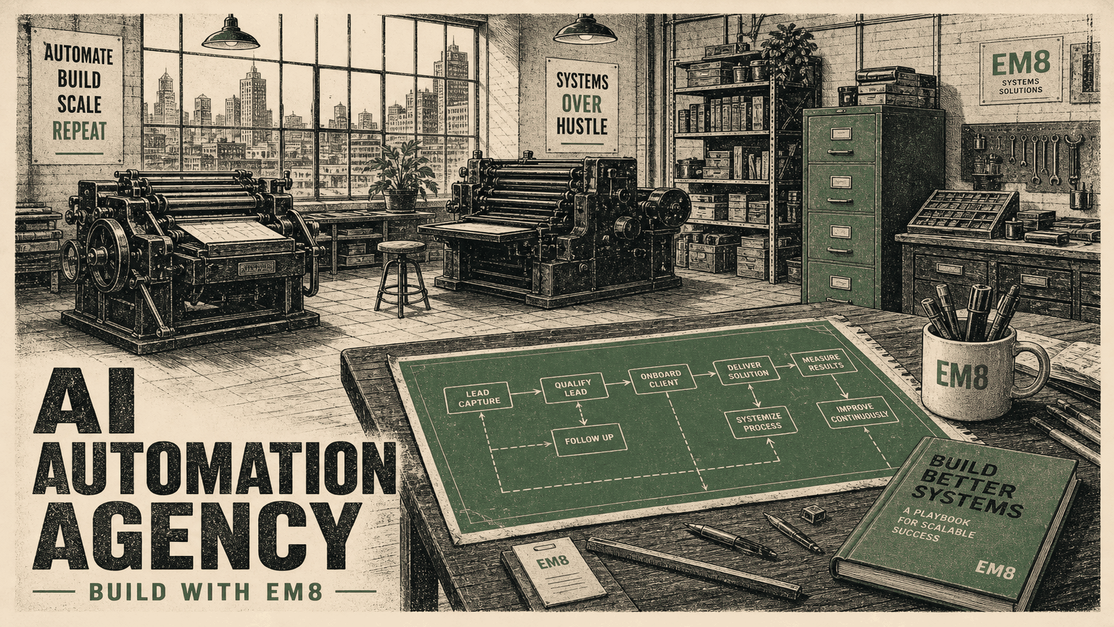 Vintage workshop with presses, blueprints, and systems-over-hustle posters