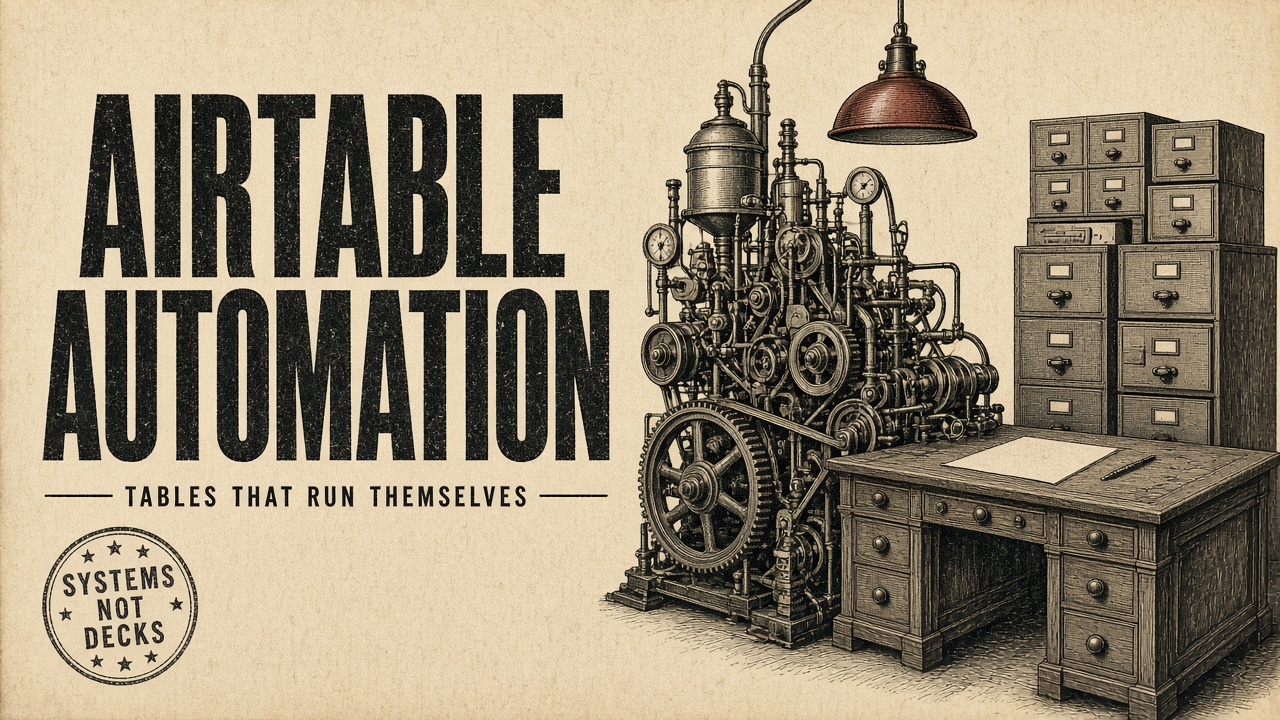 Vintage cream-and-ink workshop hero with Airtable Automation title, industrial machine, filing cabinets, and systems-not-decks seal