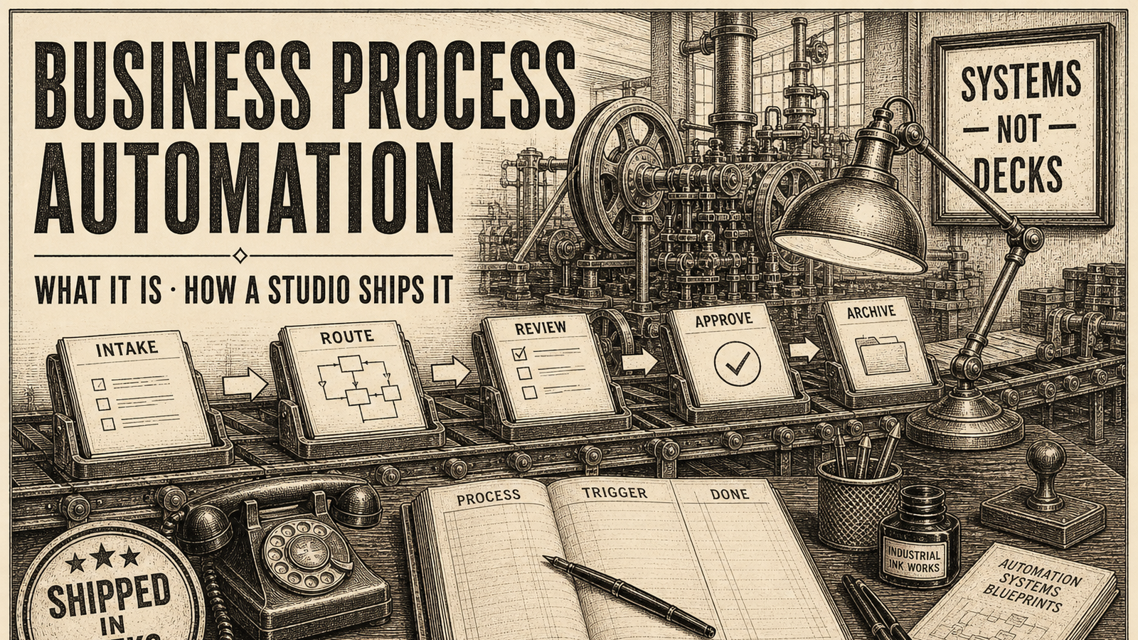 Vintage engraved factory line of intake, route, review, approve, and archive cards on cream paper, titled Business Process Automation