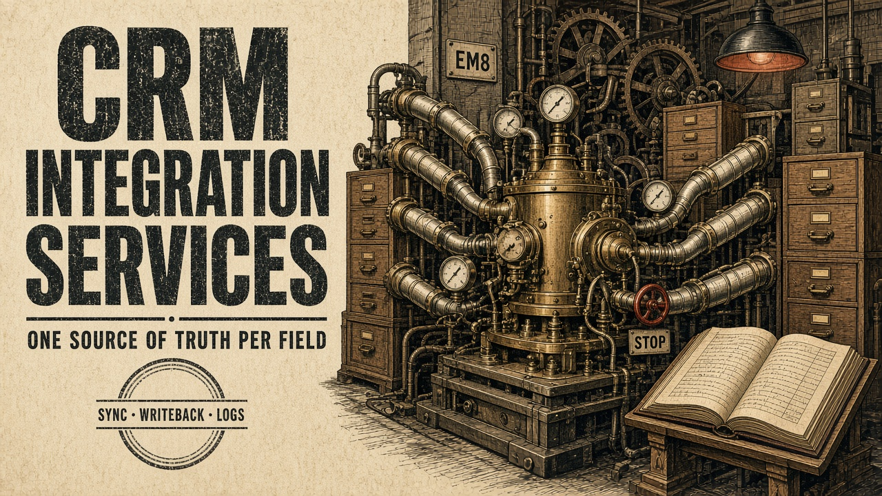 Vintage cream-and-ink engraving of a CRM integration machine with pipes, gauges, filing cabinets, an open ledger, and an EM8 plaque