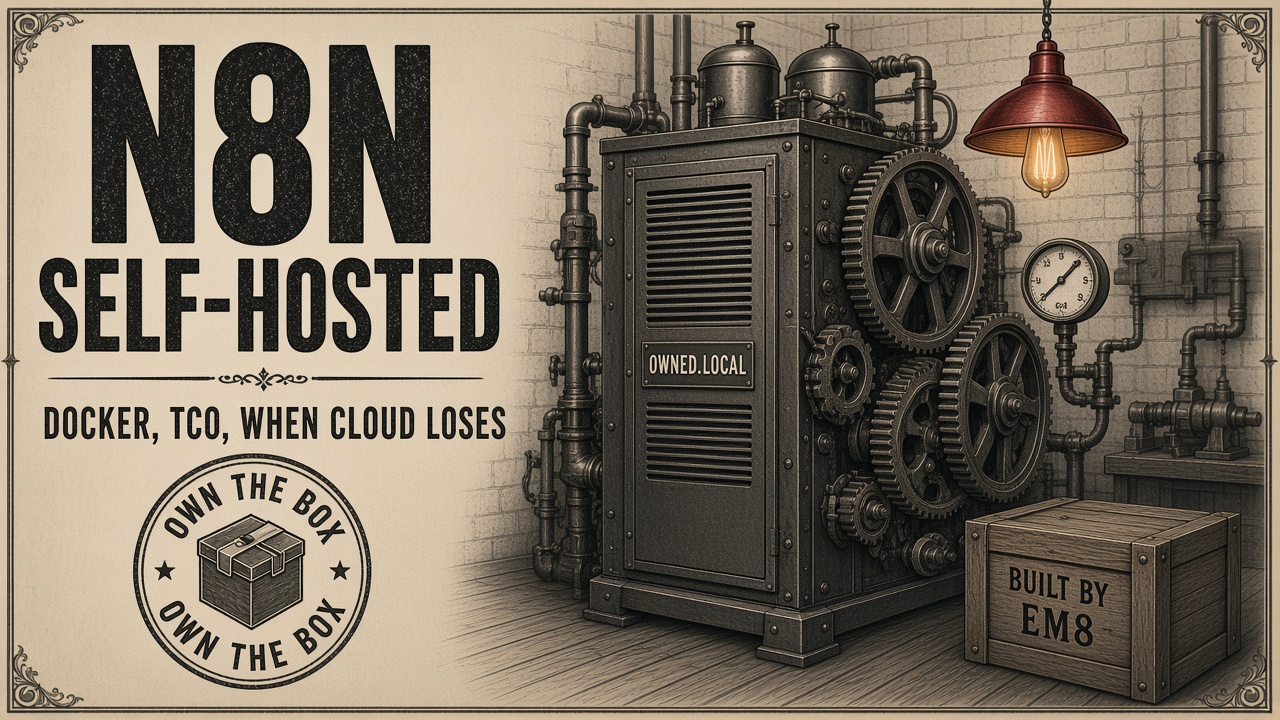 Vintage cream-and-ink industrial cabinet hero with n8n self-hosted title, own-the-box stamp, and an OWNED.LOCAL machine under a red EM8 lamp
