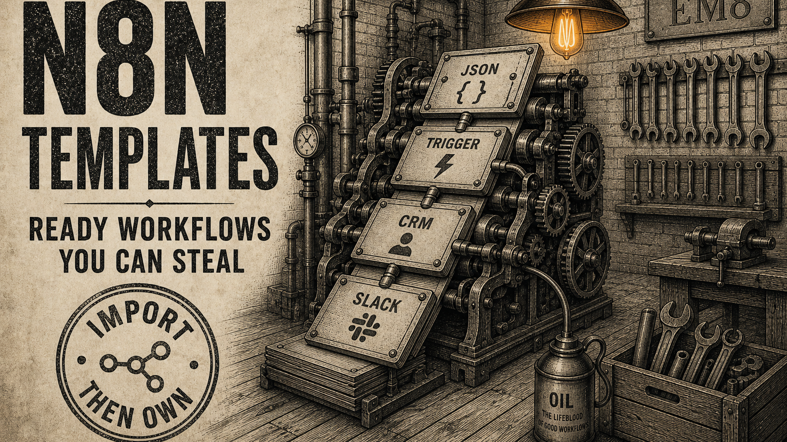 Vintage cream-and-ink workshop hero with n8n templates title, import-then-own seal, and a press feeding JSON, trigger, CRM, and Slack plates