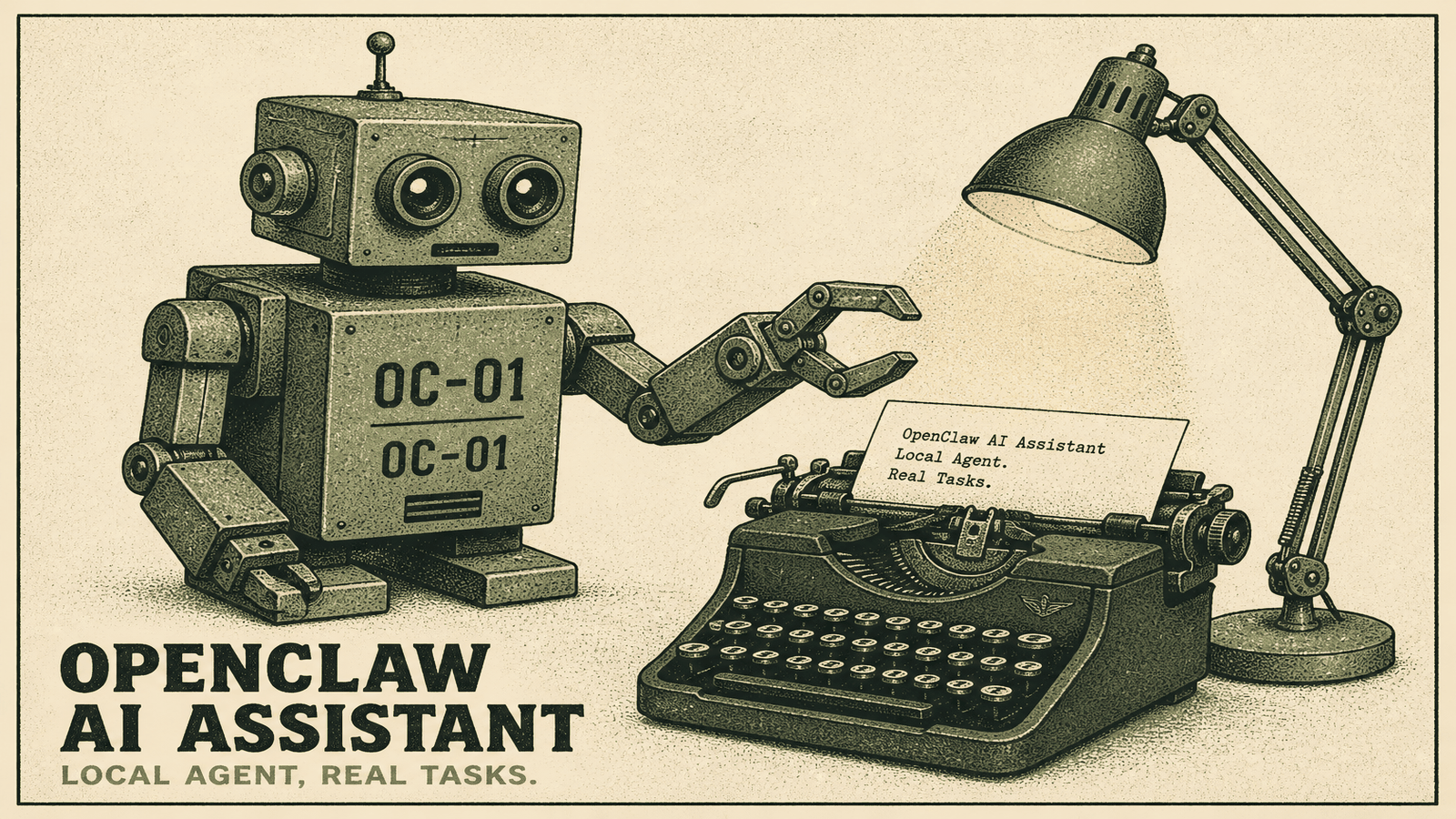 Vintage robot at a typewriter under a desk lamp, labeled OC-01