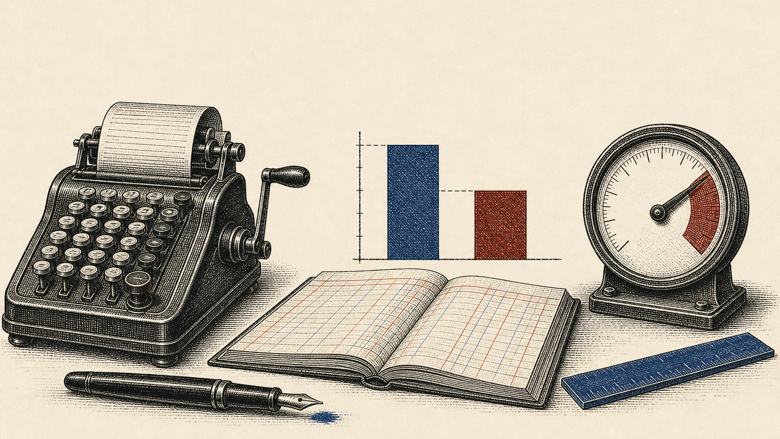 Vintage woodcut of an adding machine, open ledger, bar chart, and analog gauge.