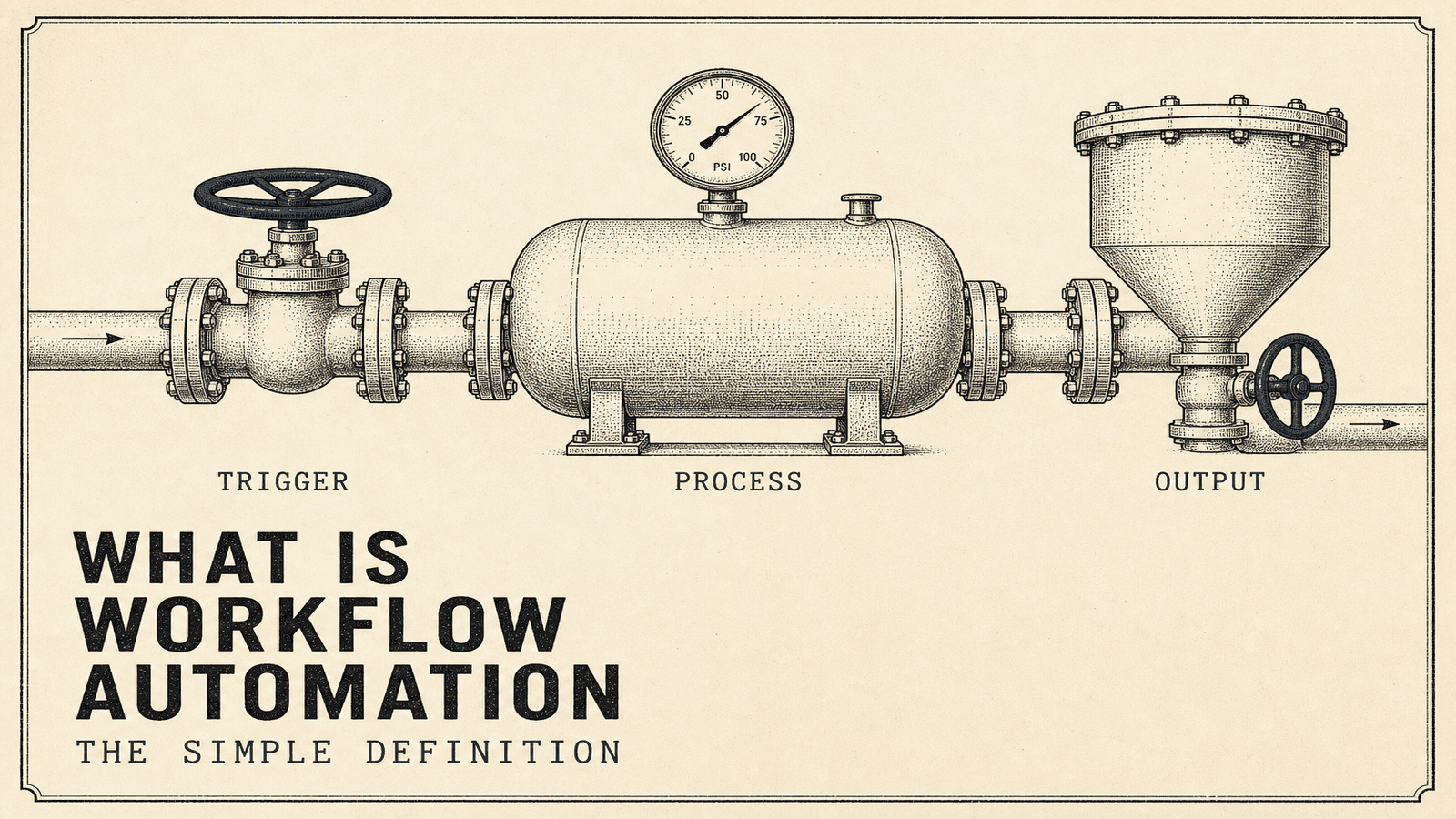 Vintage pipeline diagram labeled trigger, process, output
